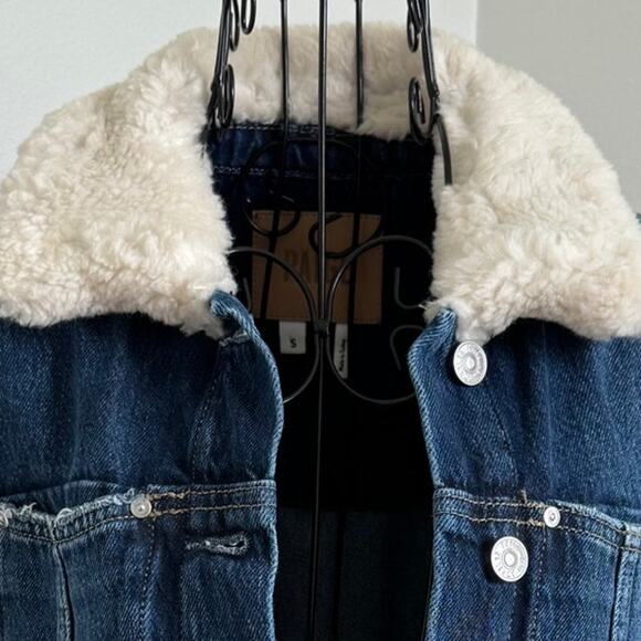 Paige Rowan Jacket Shearling Collar Dark Denim Jacket Jamee Distressed -Small - Picture 8 of 13